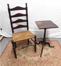 A Primitive Early 19th C. Candlestand & Chair