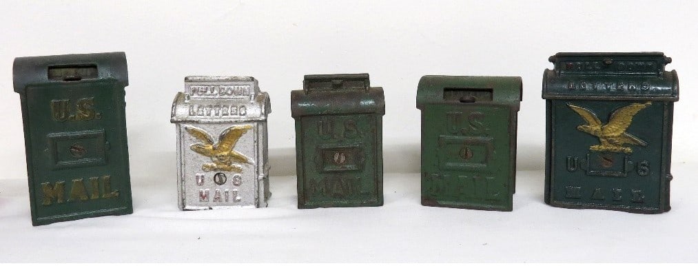 5 Antique Cast Iron Mailbox Still Banks (1 of 6)