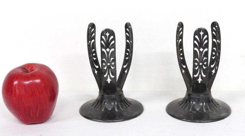 Pr. Silverplate Fancy Torpedo Soda Water Stands 19th C.: An elaborate matching pair of 19th C. Torpedo Soda Water stands marked G.M. EP with Anchor mark and numbers 5408, each is 6" in height. Rare to find a matching pair especially this fancy with the orna