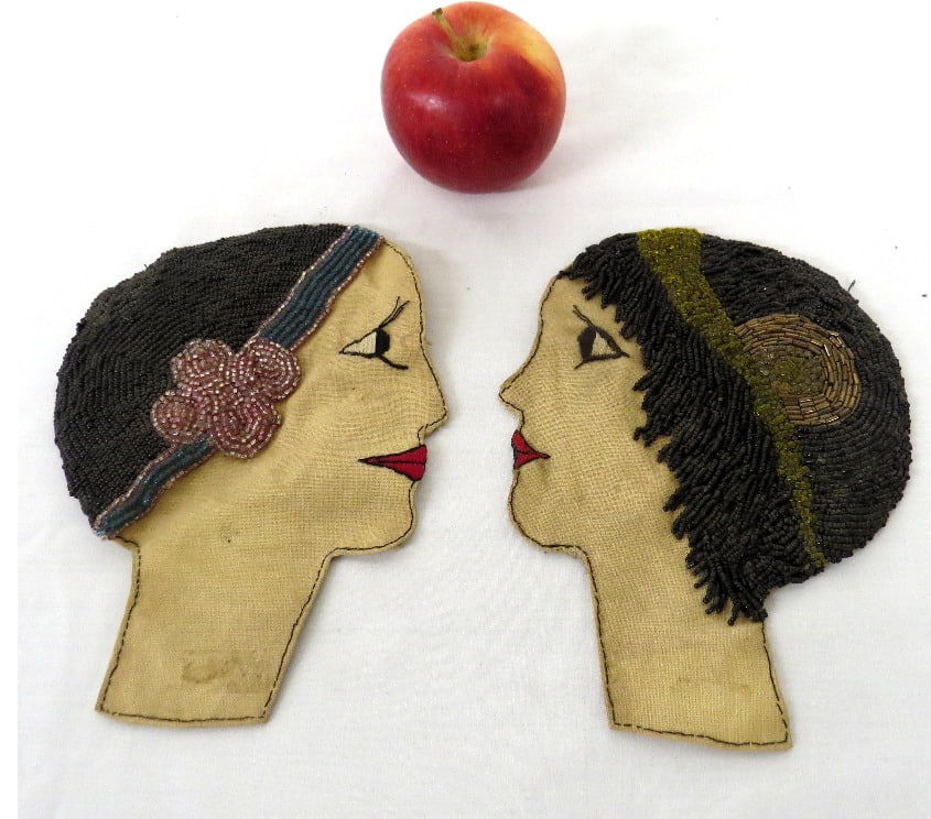 A pair of hand beaded flapper girls c.1920's/30's Era: A pair of beadwork flapper girls Art Deco era 1920's-30's, each measuring 7" long, 5.5" wide in size, hand done with fine detail.