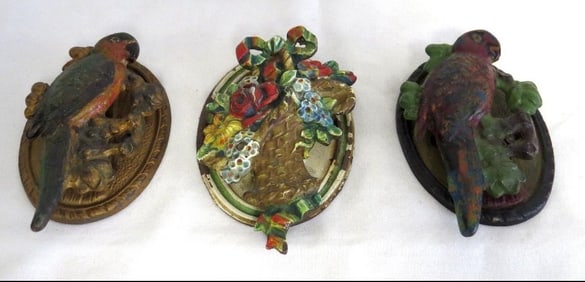 3 Cast Iron Victorian Parrot Door Knockers Orig Paint