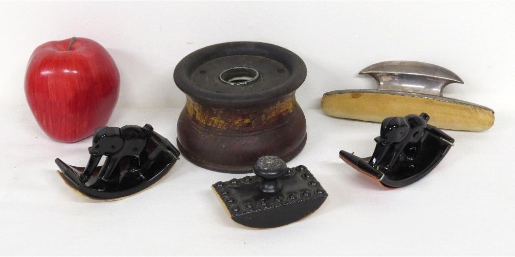 A Good Mid-19th C. Treen Inkwell w/Glass Insert & Assorted Blotters (1 of 9)