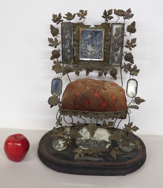 A Victorian Era French De Mariee Wedding Dome or Keepsake Chair.: A Victorian era, likely french, of a Globe De Mariee keepsake with tripartite bird etched mirrors, grapevine & leaf foliate flourishes throughout, with a velvet cushion. Brides in France and Belgium r