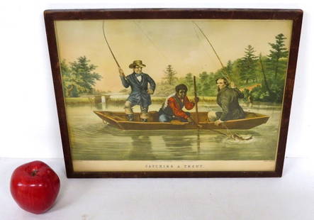 c.1854 Nathan Currier Litho - Catching a Trout: A Nathan Currier lithograph of Arthur Fitzwilliam Tait's painting "Catching a Trout", c. 1854 - Depicts fishermen catching a brook trout near South Haven Church, Long Island, NY. Measures 14.5" x