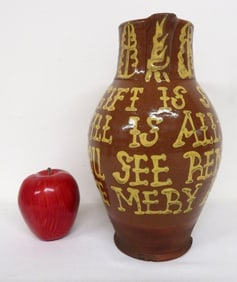 Wisconsin Pottery Yellow Slip Decorated Redware Motto Pitcher