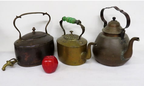 A Trio of Copper & Brass English Hot Water Teakettles