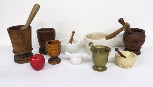 Lot of 9 mortar & pestles 19th & 20th C. Brass, Porcelain & Wood