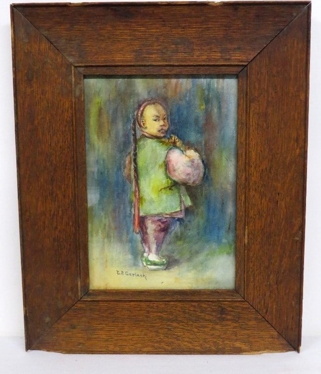 C.F. Gerlach 19th C. Watercolor of a Young Chinese Boy: An Arts & Crafts era watercolor of what was then known as a chinese "coolie" or worker, signed C.F. Gerlach. Measures 12.5" wide by 15.5" high. Minor damage to edges of oak frame.