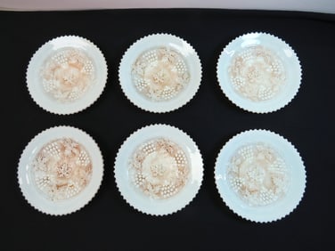 Lot of 6 Northwood Glass Cable & Grape Pattern Custard Colored Plates 7.5" Diam