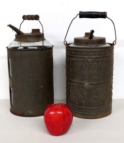 A Pair of tin Jacketed 19th C. Kerosene Oil Jugs