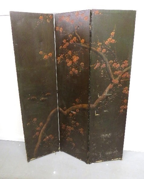 Early 1900's Era Asian Cherry Blossom Painted 3 Panel Screen (1 of 10)