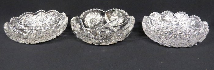 3 Brilliant Period Cut Glass Low Rim Bowls