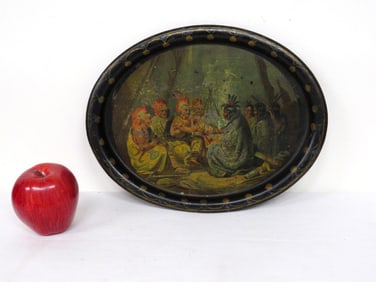 19th C. Oval Tray with Indian Tribes Making a Treaty