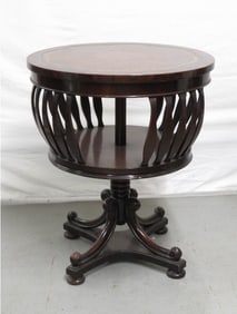 Mahogany Leather Top Rotating Drum Table