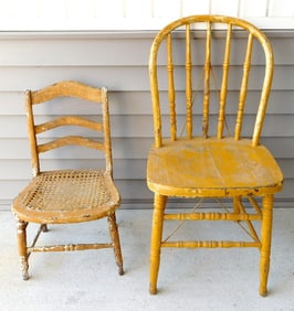 Two 19th C. Country Oak Chairs in Old Yellow Paint.