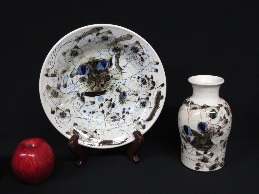 Saratoga Pottery - Roth Cat Decorated Bowl & Vase: Here are two exquisitely decorated pieces by Andy Roth dated 1997 featuring his well known abstract cat themed designs. First is the bowl that can also be hung (note the two holes in the rim for a cor
