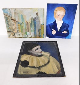 Three MCM era O/B Paintings, NYC, Marcel Marceau, Etc.