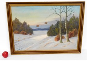 Early 20th C. Painting of Pheasants in Flight in Winter, Signed