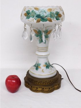 An Opaline Frosted Milk Glass Late Victorian Lustre Parlor Lamp