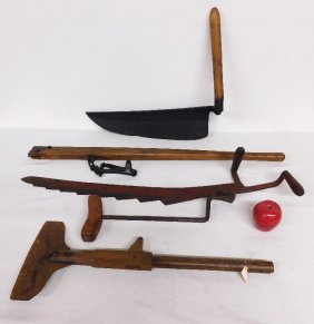 Misc. Antique Hand Tools, Hay Saw, Shingle Cutter, Barb Wire Stretcher