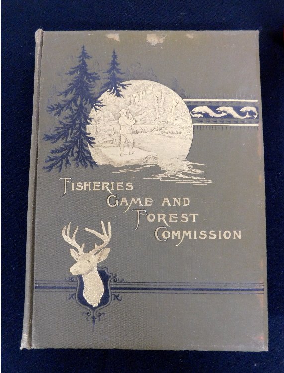 NYS 1st annual report Fisheries, Game and Forest Commission, HC: A very rare volume, the first annual report of the New York State Fisheries, Game and Forest commission, published by Wynkoop, Hallenbeck Crawford of Albany, NY. Good binding, gilt decorated cover, 37