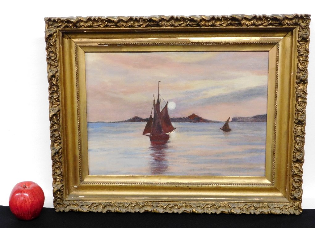 In the Manner Of Frances Augustus Silva Ships in Moonlight: A fresh to market oil on canvas, unsigned, but exhibiting characteristics of the work of Frances Augustus Silva (American, 1835-1886) with the sloops on calm water in moonlight, the colors similar to 