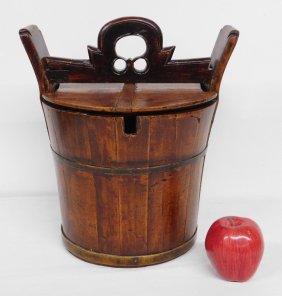 Antique Wooden Chinese Tea Bucket, Locking & Signed