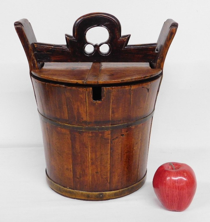 Antique Wooden Chinese Tea Bucket, Locking & Signed: A nice mellow toned antique Chinese wooden tea bucket with locking lid, signed on both lid & base, banded around edges possibly in brass. bucket is 13" in height overall, and about 12" diameter. Locki