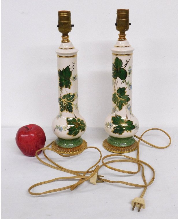 Matching Pr. Deco Era Handpainted Leaf & Gilt Table Lamps ETOL signed (1 of 8)