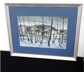 Ivar Sprogis, Poughkeepsie NY Watercolor Village Thru Moonlit Trees