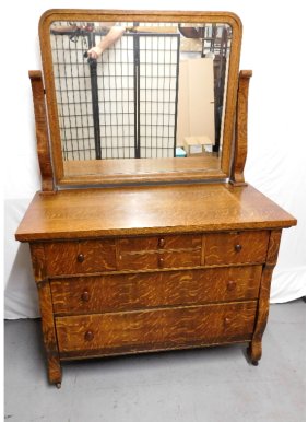 19th C. Tiger Oak 6 Drawer Dresser w/Mirror