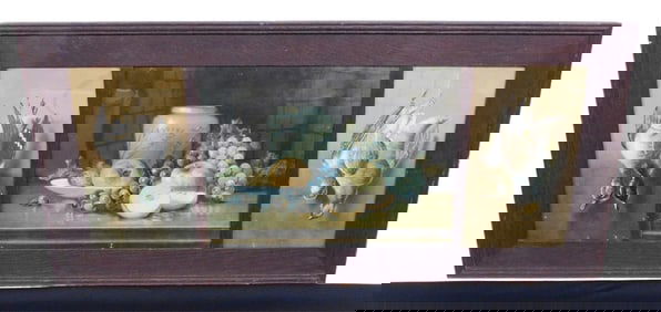 3 Panel Arts & Crafts Era Oak Tryptic Fruits & Fowl