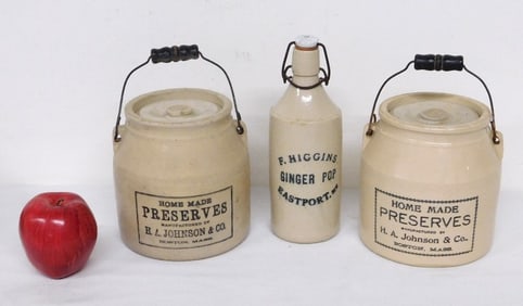 3pc Lot of c.1900 Mass & Maine Stenciled Stoneware
