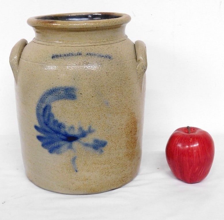 A Nathan Clark Jr. Athens NY Marked Stoneware Jar: A nice example of a Nathan Clark, Jr. Athens NY marked stoneware canner/jar with a floral spray that has a bit of the Cowden & Wilcox Man in the moon look to it (but it isn't). Jar is 10.25" height, 7