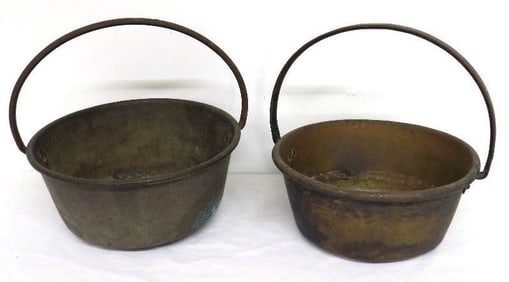(2) 19th C. Fireplace Iron & Copper/Brass Hanging Pots