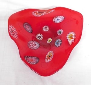 A Triangular Murano Zanfirico Cherry Red Bowl