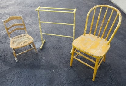 3pcs 19th C. Country Yellow Painted Chairs & Quilt Rack