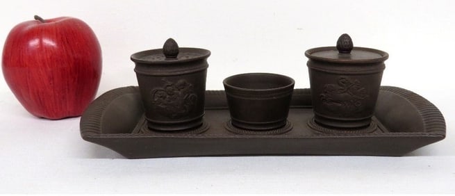 English Brown Basalt 19th C. Desktop 4pc Ink Set w/Tray