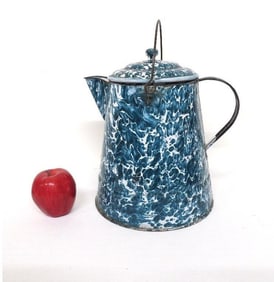 Blue Teal & White Spatter Swirl Graniteware Coffee Pot