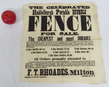 19th C. Milton NY Cloth Adv Broadside Heidielburgh Fence