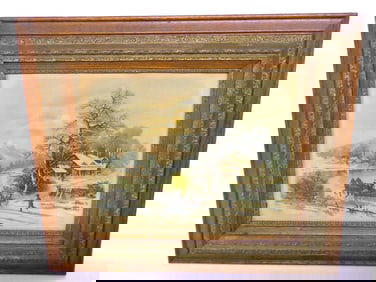 Victorian Oak Frame Print Winter Sledding
