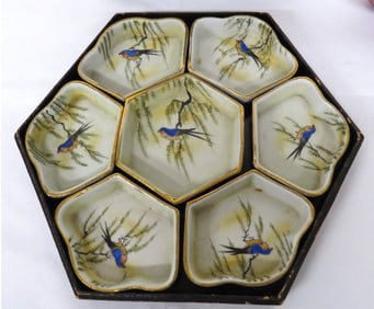Japanese Porcelain Sweet Meat in Lacquered Hexagon Box