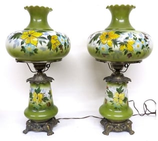 Hand painted MCM Hurricane Lamps Floral Green & Yellow