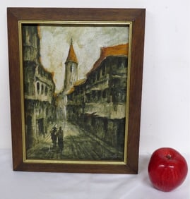 MCM O/C a Street Scene & Church in Background, Signed