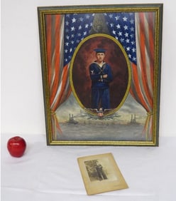 WWI Navy Sailor Watercolor & Orig Cabinet Card Photo