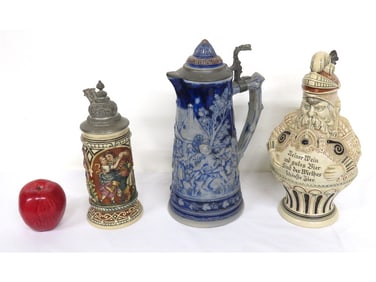 Three German Beer Steins Inc Large Blue Westerwald