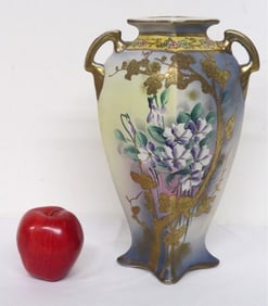 Early 1900's Nippon Hand Painted 2 Handled Vase Violets