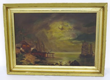 A Victorian Painting of A Moonlit Harbor c.1897