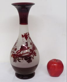 A Large Ornithological Birds Etched Ruby Bristol Vase
