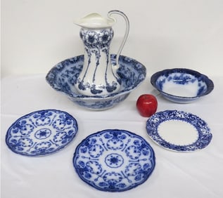 Victorian Flow blue China Wash Pitcher, Bowls, Plates
